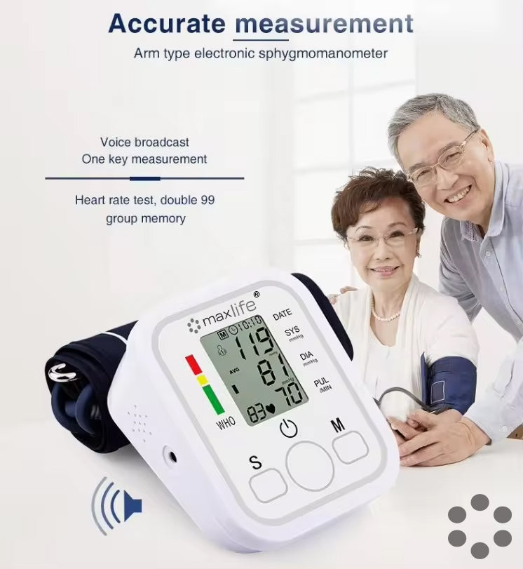 Max Life Portable Upper Arm Digital Blood Pressure Monitor – Smart Voice-Enabled Sphygmomanometer with Large LCD Display, Memory Function & High Accuracy