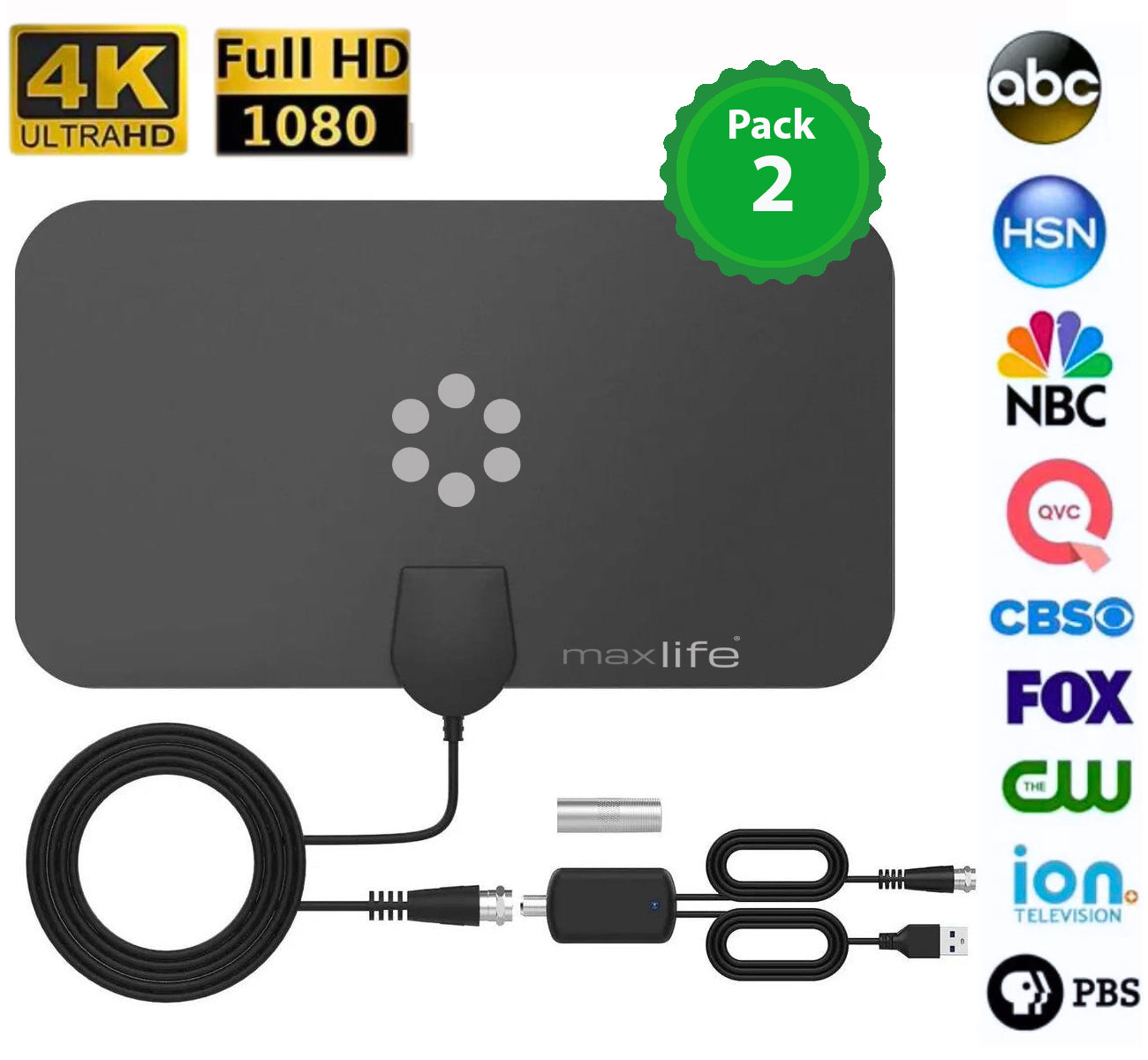 Max Life HDTV Digital TV Antenna 4K 1080P, 300 Miles Range, HDTV Vhf Uhf, Watch Free Channels, Antenna + Amplifier