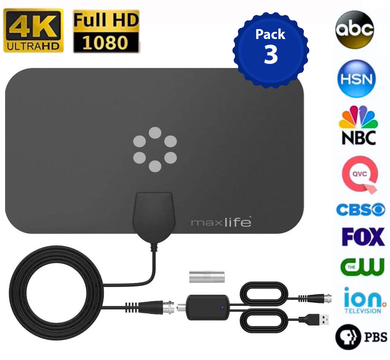 Max Life HDTV Digital TV Antenna 4K 1080P, 300 Miles Range, HDTV Vhf Uhf, Watch Free Channels, Antenna + Amplifier