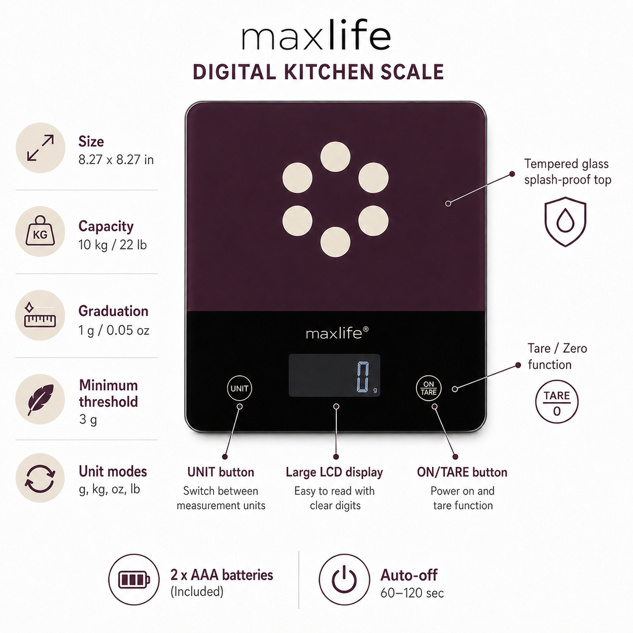 Max Life High Precision Kitchen Scale with Liquid Measurement - Large 10kg / 22lb