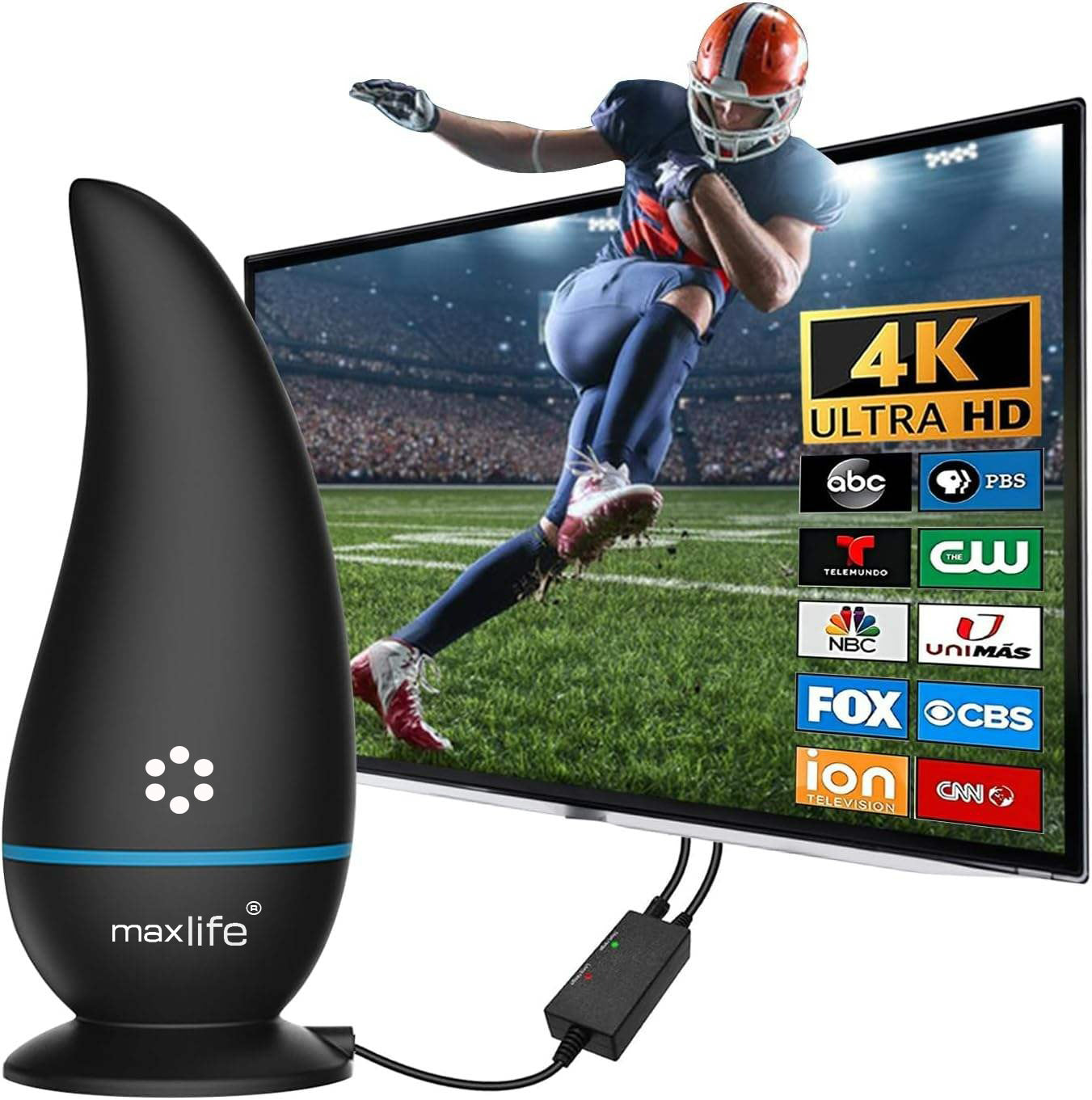 Max Life® - Ultra HDTV Digital TV Antenna 4K 1080P, 300 Miles Range, HDTV Vhf Uhf, Watch Free Channels, Antenna + Amplifier