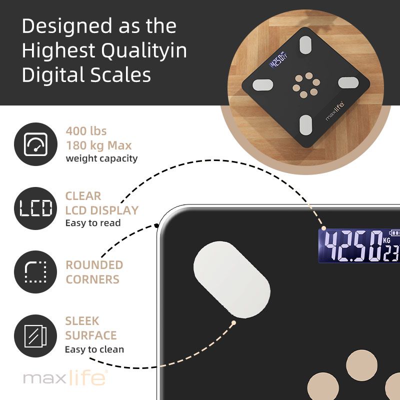 MaxLife Smart Body Fat Scale – Bluetooth Digital Bathroom Scale with OKOK App, Body Composition Analyzer, 400 lbs Capacity, High-Precision, Large LCD Display
