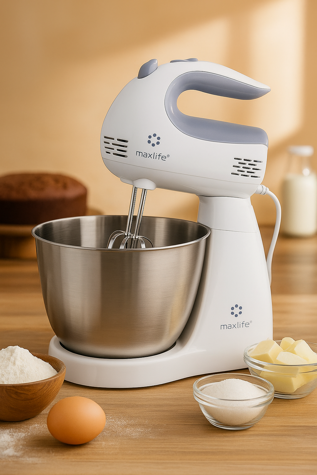Max Life 3.2 Quarts Stand Mixer - 5-Speed Electric Powerful Stand Mixer, White, with Stainless Steel Bowl, Dough Hooks, Beaters,