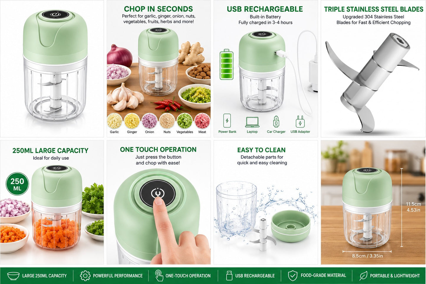 Electric Wireless Garlic Onion Stirring Device Cordless Meat Grinder with USB Charging for Vegetable, Pepper, Onion, Baby Food, Seasoning, Nuts
