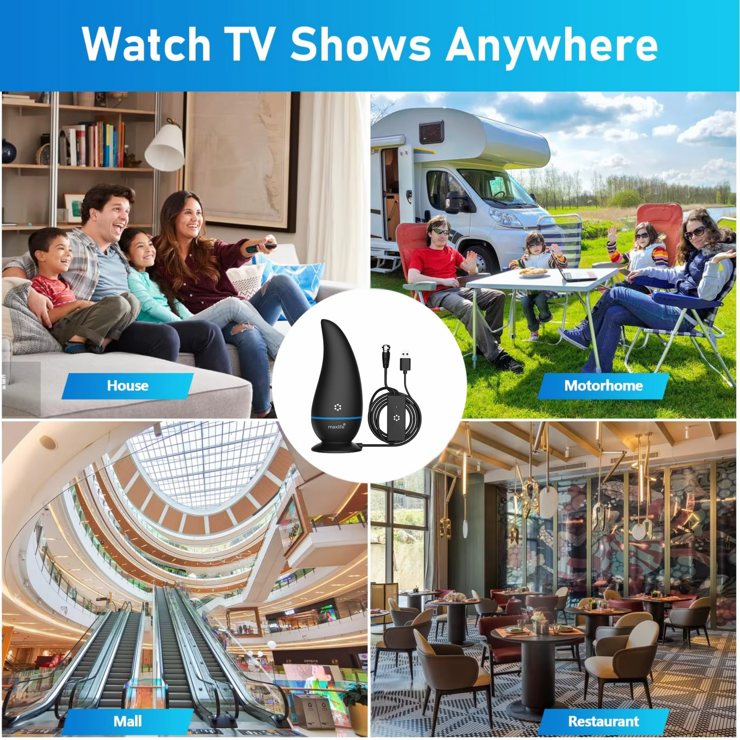 Max Life® - Ultra HDTV Digital TV Antenna 4K 1080P, 300 Miles Range, HDTV Vhf Uhf, Watch Free Channels, Antenna + Amplifier