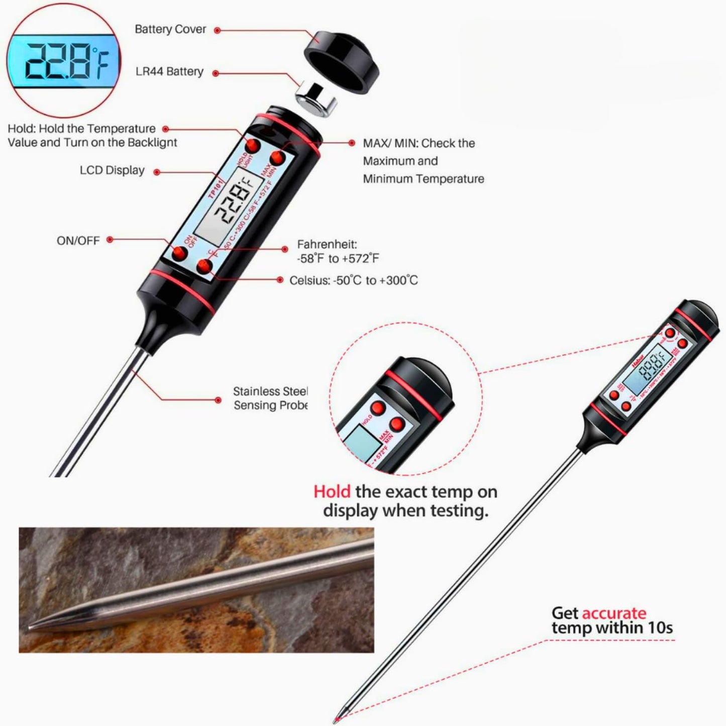 Max Life - Digital Meat Thermometer, Instant Read Food Meat Thermometer for Kitchen, Cooking, BBQ, Grill Smoker, Liquid, Oven Thermometer