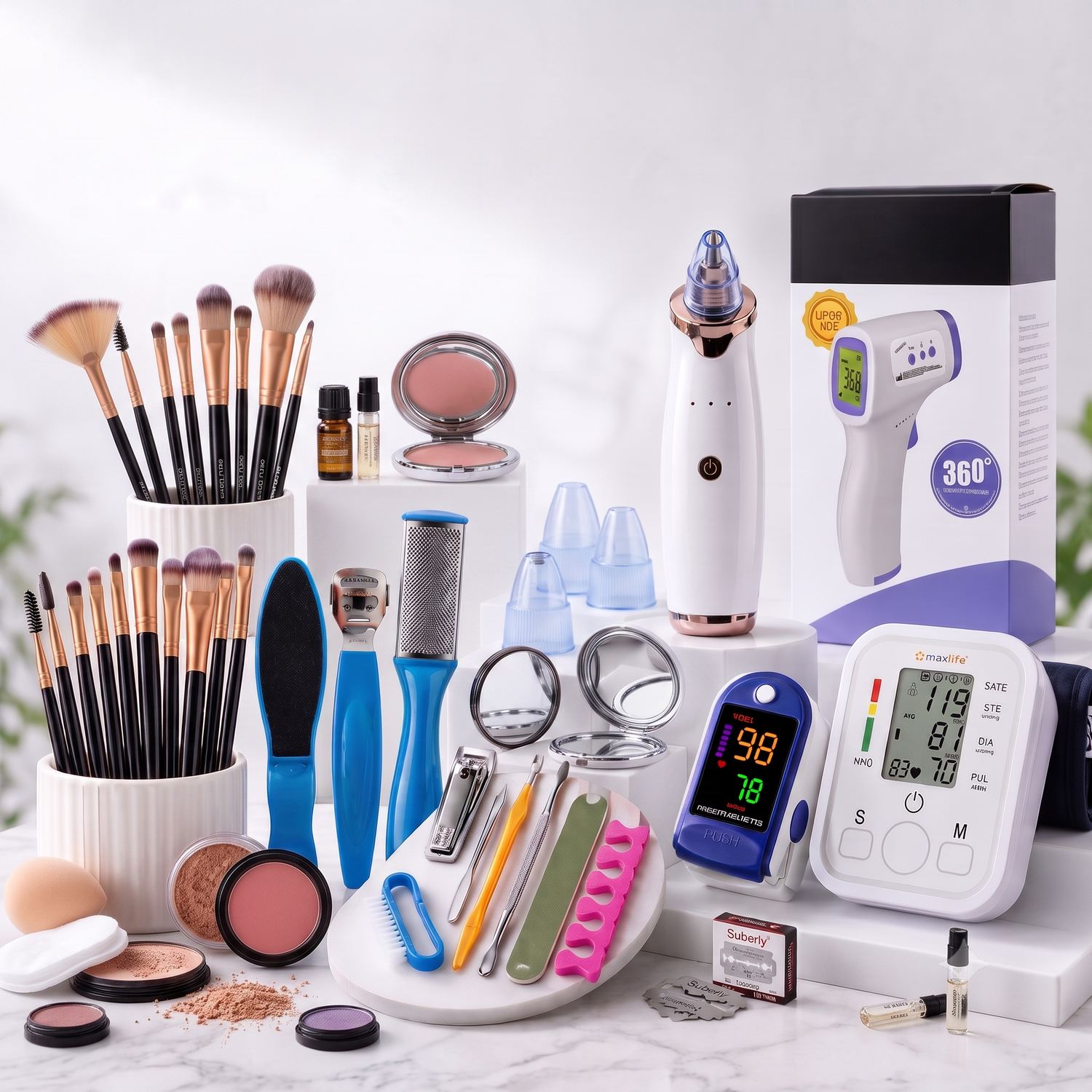 Max Life Health & Beauty collection featuring personal care tools, beauty accessories, blood pressure monitor, pulse oximeter, infrared thermometer, and skincare devices.