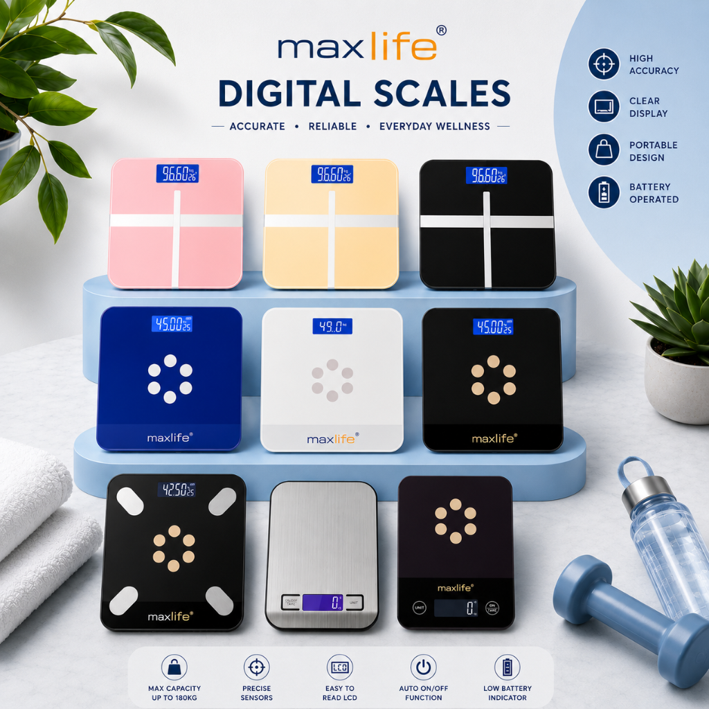Max Life digital scales collection featuring bathroom scales, smart body fat scales, kitchen scales, and portable hanging scales