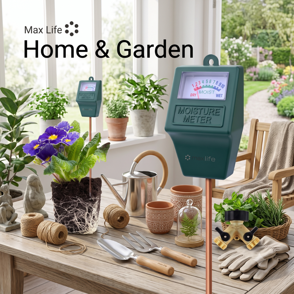 Max Life Home & Garden category banner featuring a soil moisture meter scale, a brass 2-way hose splitter splitter, gardening gloves, trowel, and hand fork arranged on a rustic wooden table next to potted plants and a watering can.