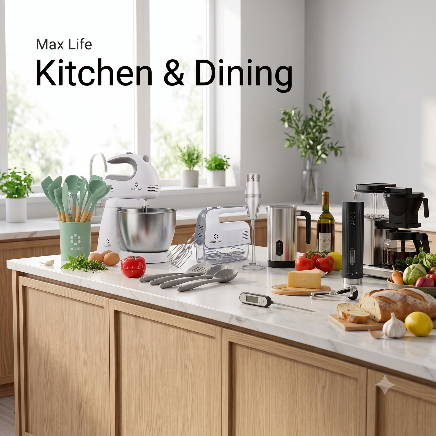 Max Life Kitchen & Dining collection featuring stand mixer, hand mixer, milk frother, kitchen scales, cheese grater, silicone utensil set, and premium kitchen accessories
