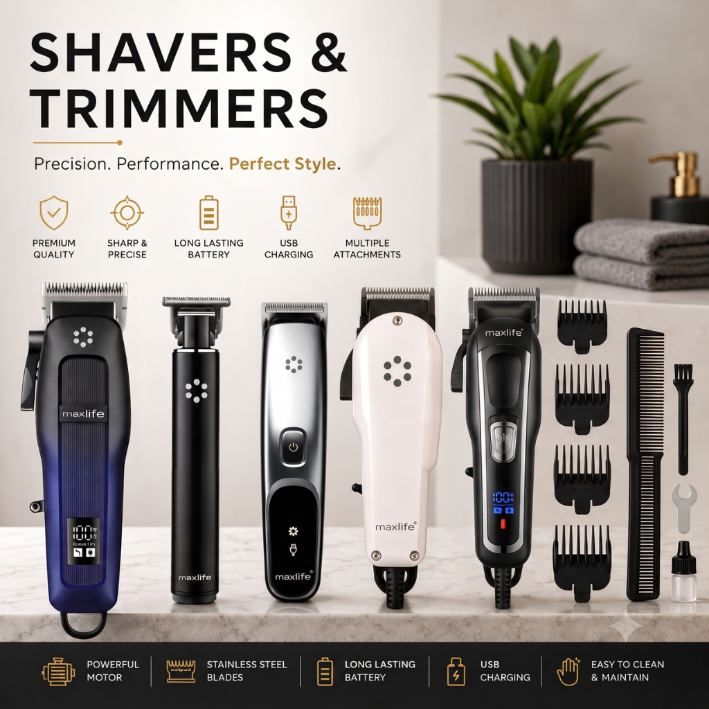 Maxlife electric shavers and trimmers category banner showcasing a variety of cordless hair clippers and grooming attachments.