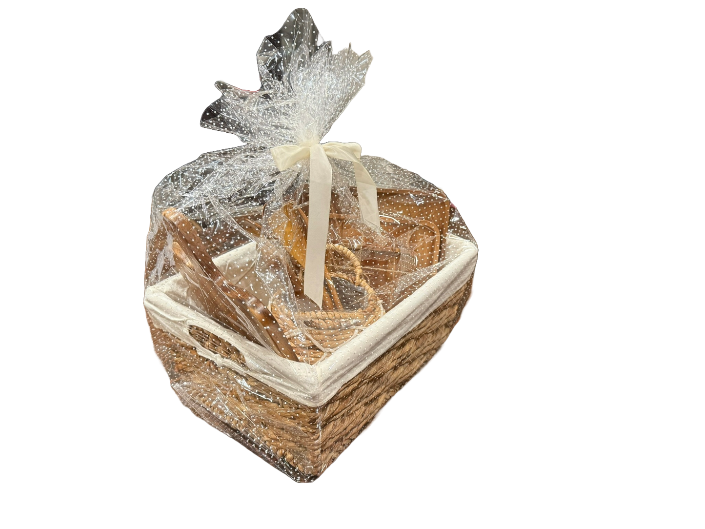 Eden Grace Acacia Wood Kitchen Gift Basket, 11-Piece – Wicker Storage Basket with Mini Planter, 3 Wooden Serving Trays, Cutting Board, 5 Utensils & 3-Section Tray