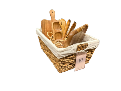 Eden Grace Acacia Wood Kitchen Gift Basket, 11-Piece – Wicker Storage Basket with Mini Planter, 3 Wooden Serving Trays, Cutting Board, 5 Utensils & 3-Section Tray