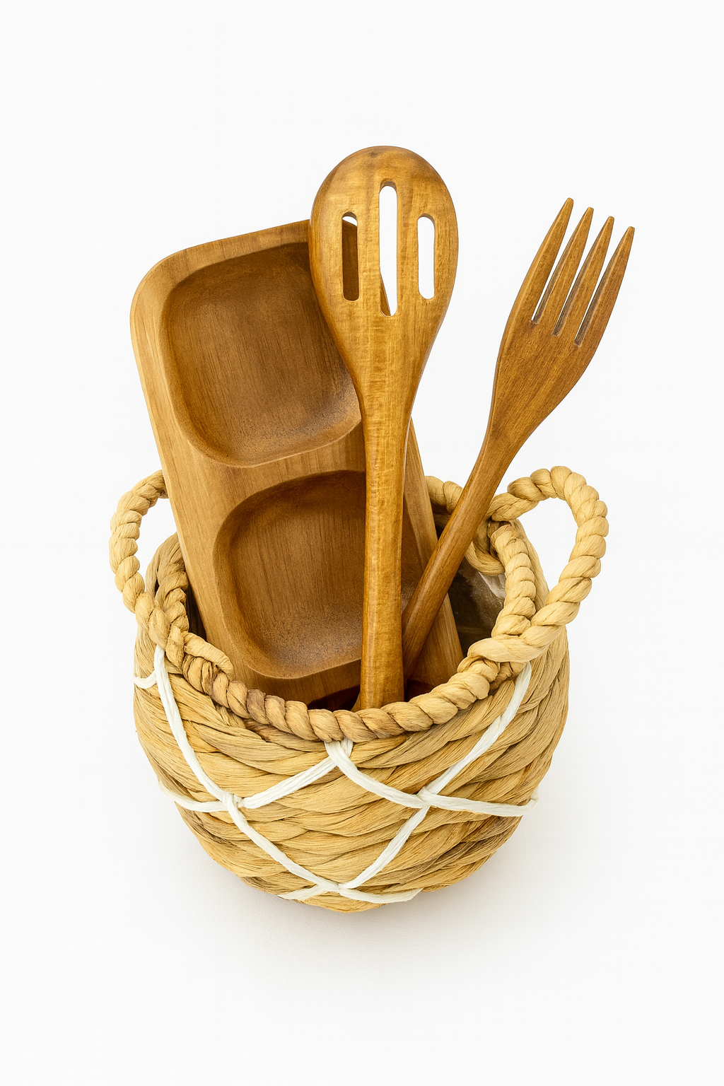 Eden Grace Acacia Wood Kitchen Gift Basket, 11-Piece – Wicker Storage Basket with Mini Planter, 3 Wooden Serving Trays, Cutting Board, 5 Utensils & 3-Section Tray