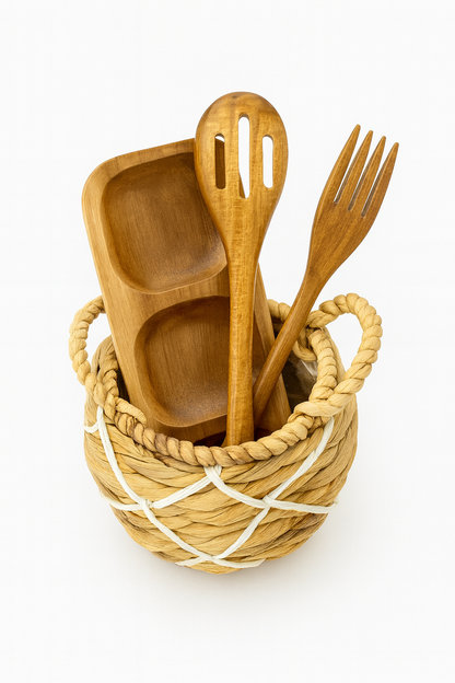 Eden Grace Acacia Wood Kitchen Gift Basket, 11-Piece – Wicker Storage Basket with Mini Planter, 3 Wooden Serving Trays, Cutting Board, 5 Utensils & 3-Section Tray