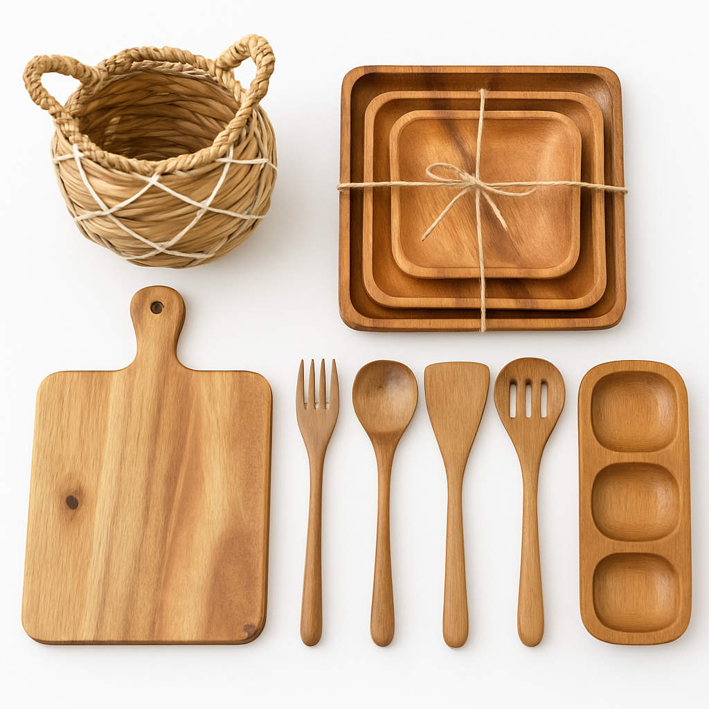 Eden Grace Acacia Wood Kitchen Gift Basket, 11-Piece – Wicker Storage Basket with Mini Planter, 3 Wooden Serving Trays, Cutting Board, 5 Utensils & 3-Section Tray