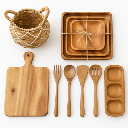 Eden Grace Acacia Wood Kitchen Gift Basket, 11-Piece – Wicker Storage Basket with Mini Planter, 3 Wooden Serving Trays, Cutting Board, 5 Utensils & 3-Section Tray