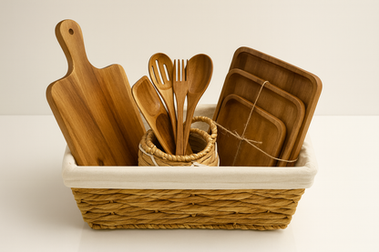 Eden Grace Acacia Wood Kitchen Gift Basket, 11-Piece – Wicker Storage Basket with Mini Planter, 3 Wooden Serving Trays, Cutting Board, 5 Utensils & 3-Section Tray