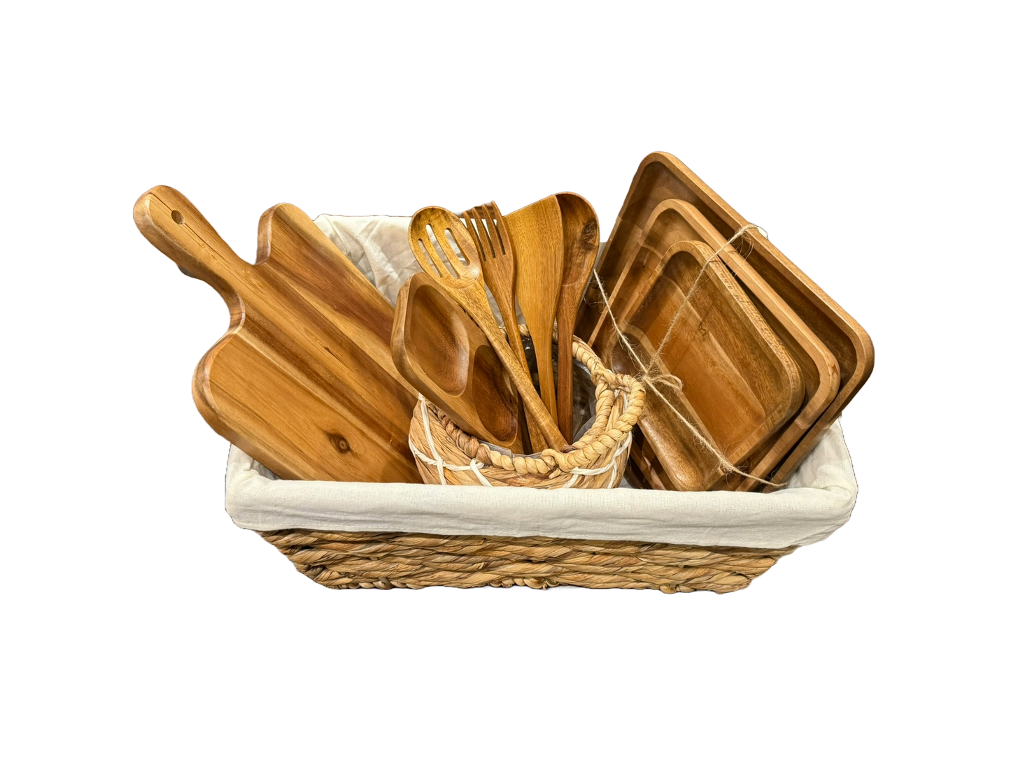 Eden Grace Acacia Wood Kitchen Gift Basket, 11-Piece – Wicker Storage Basket with Mini Planter, 3 Wooden Serving Trays, Cutting Board, 5 Utensils & 3-Section Tray