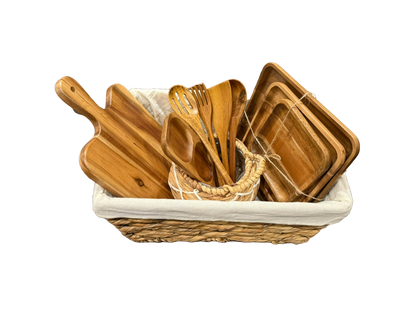 Eden Grace Acacia Wood Kitchen Gift Basket, 11-Piece – Wicker Storage Basket with Mini Planter, 3 Wooden Serving Trays, Cutting Board, 5 Utensils & 3-Section Tray