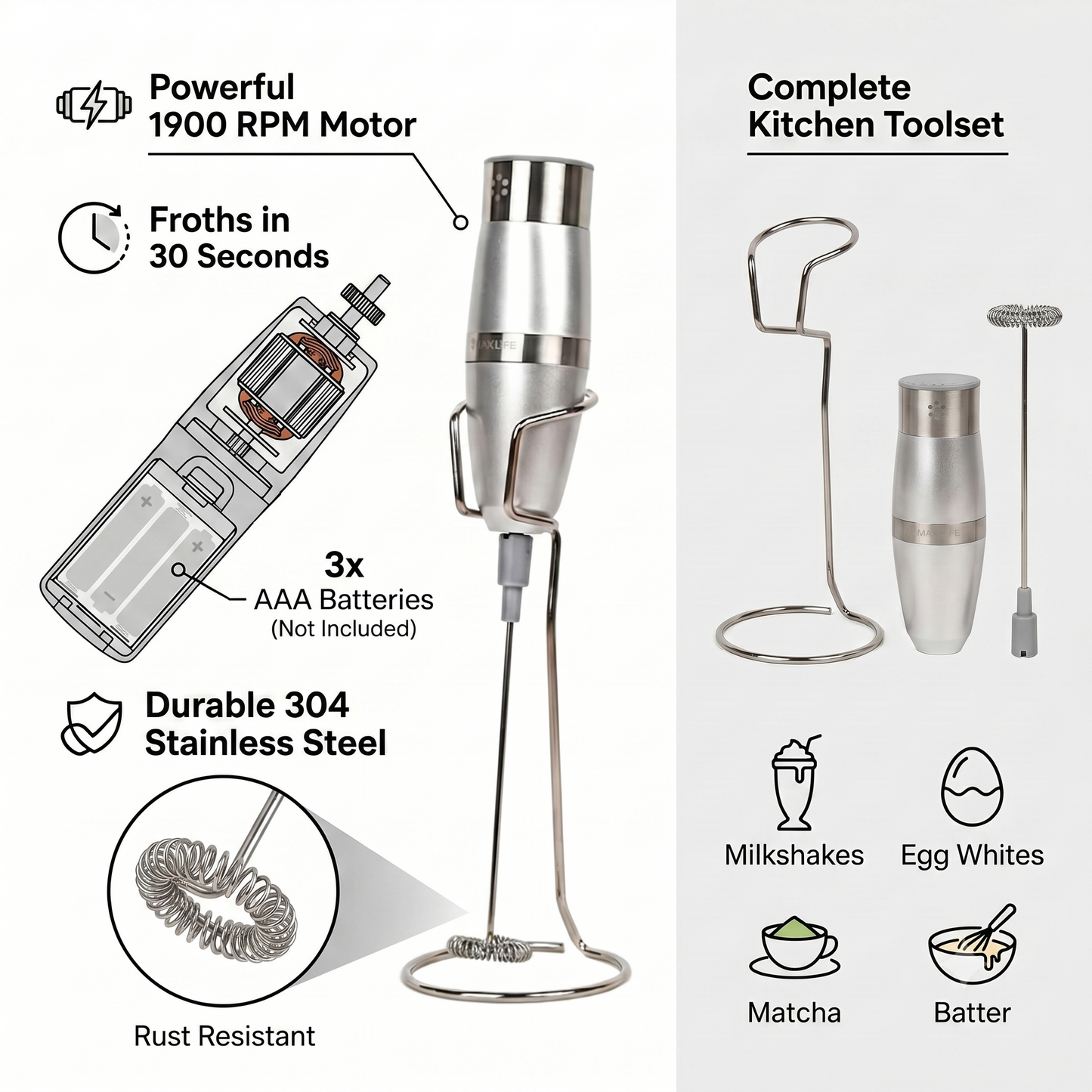 Max Life Premium 1900 RPM Hand Electric Milk Frother - Stainless Steel Frother / Mixer & Egg Beater with Stand for Coffee, Lattes, and Cooking