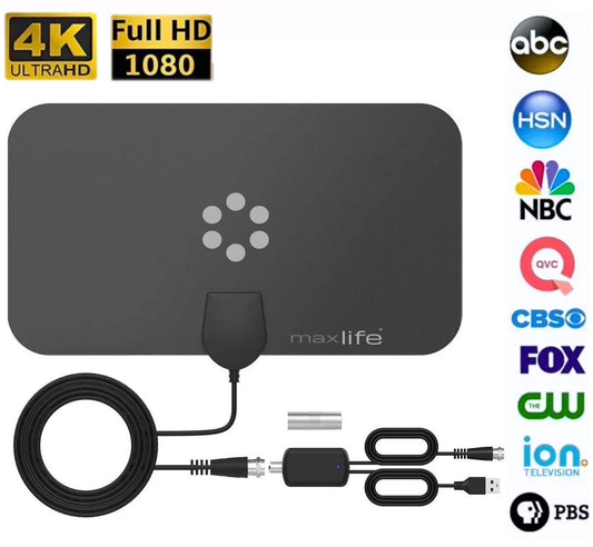 HDTV antenna for indoor use with long range signal reception, compatible with local HD channels, slim lightweight design with coaxial cable included