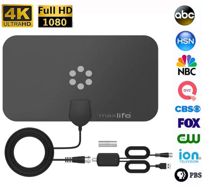 Max Life Indoor HDTV Antenna with Amplifier – Supports 4K/1080p, 16.5ft Cable, up to 60-mile Range