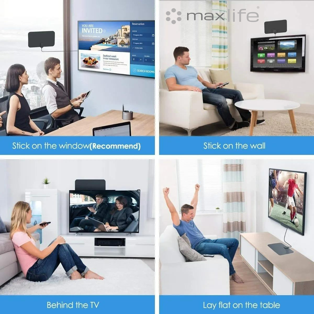 Max Life Indoor HDTV Antenna with Amplifier – Supports 4K/1080p, 16.5ft Cable, up to 60-mile Range
