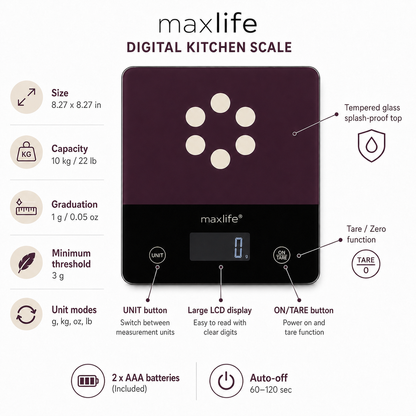 Max Life High Precision Kitchen Scale with Liquid Measurement - Large 10kg / 22lb