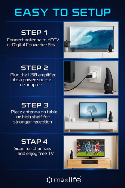 Max Life® - Ultra HDTV Digital TV Antenna 4K 1080P, 300 Miles Range, HDTV Vhf Uhf, Watch Free Channels, Antenna + Amplifier