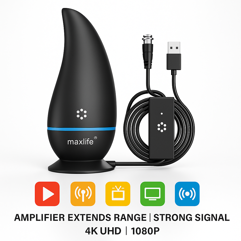 Max Life® - Ultra HDTV Digital TV Antenna 4K 1080P, 300 Miles Range, HDTV Vhf Uhf, Watch Free Channels, Antenna + Amplifier