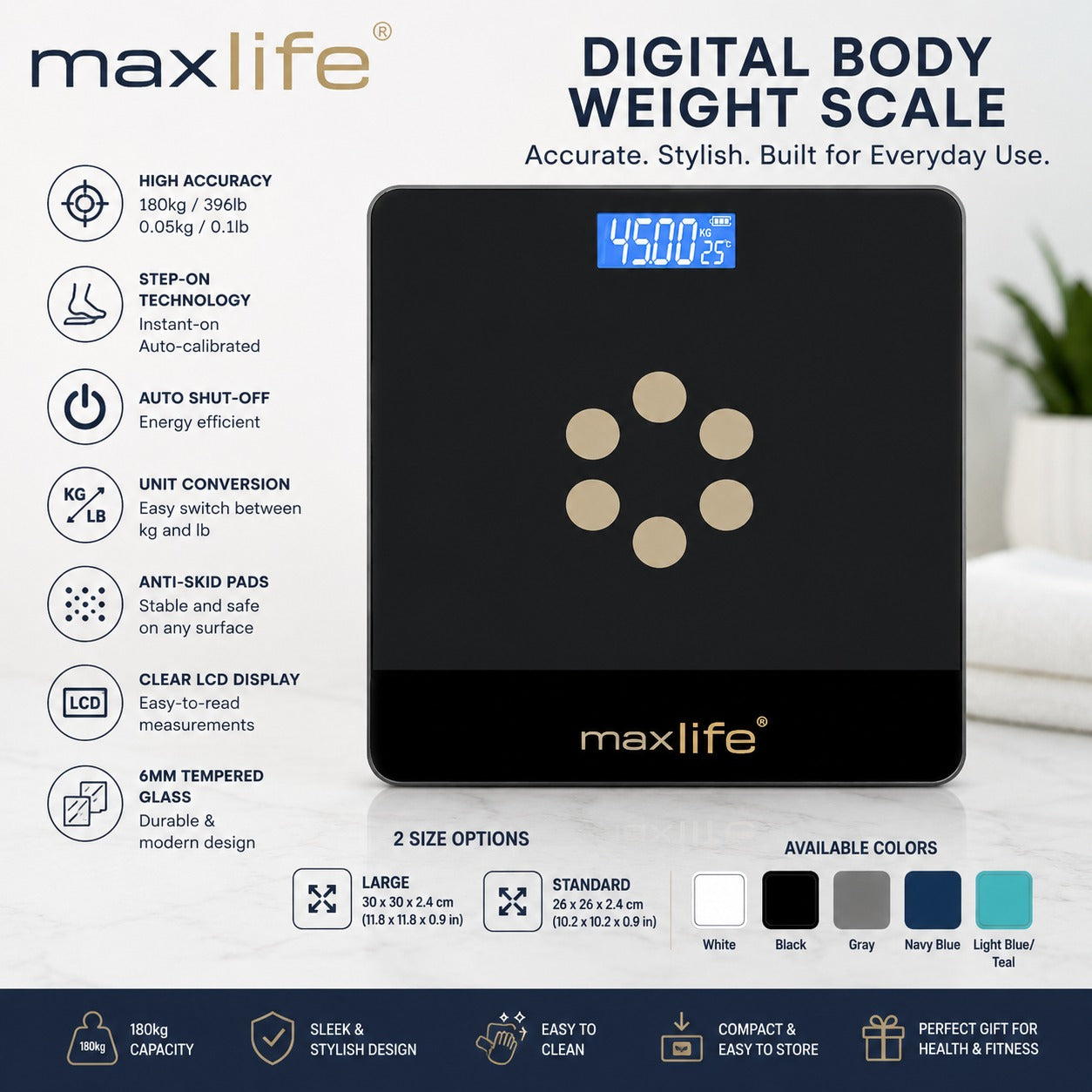 Max Life - Bathroom Scale, Highly Accurate Digital Body Weight Scale,  Step-On Technology, LED Display, Sturdy 6mm Tempered Glass, 400lb/180kg