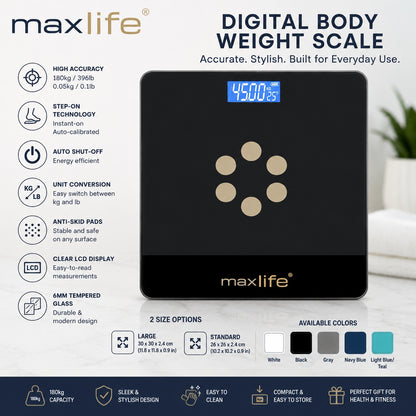 Max Life - Bathroom Scale, Highly Accurate Digital Body Weight Scale,  Step-On Technology, LED Display, Sturdy 6mm Tempered Glass, 400lb/180kg