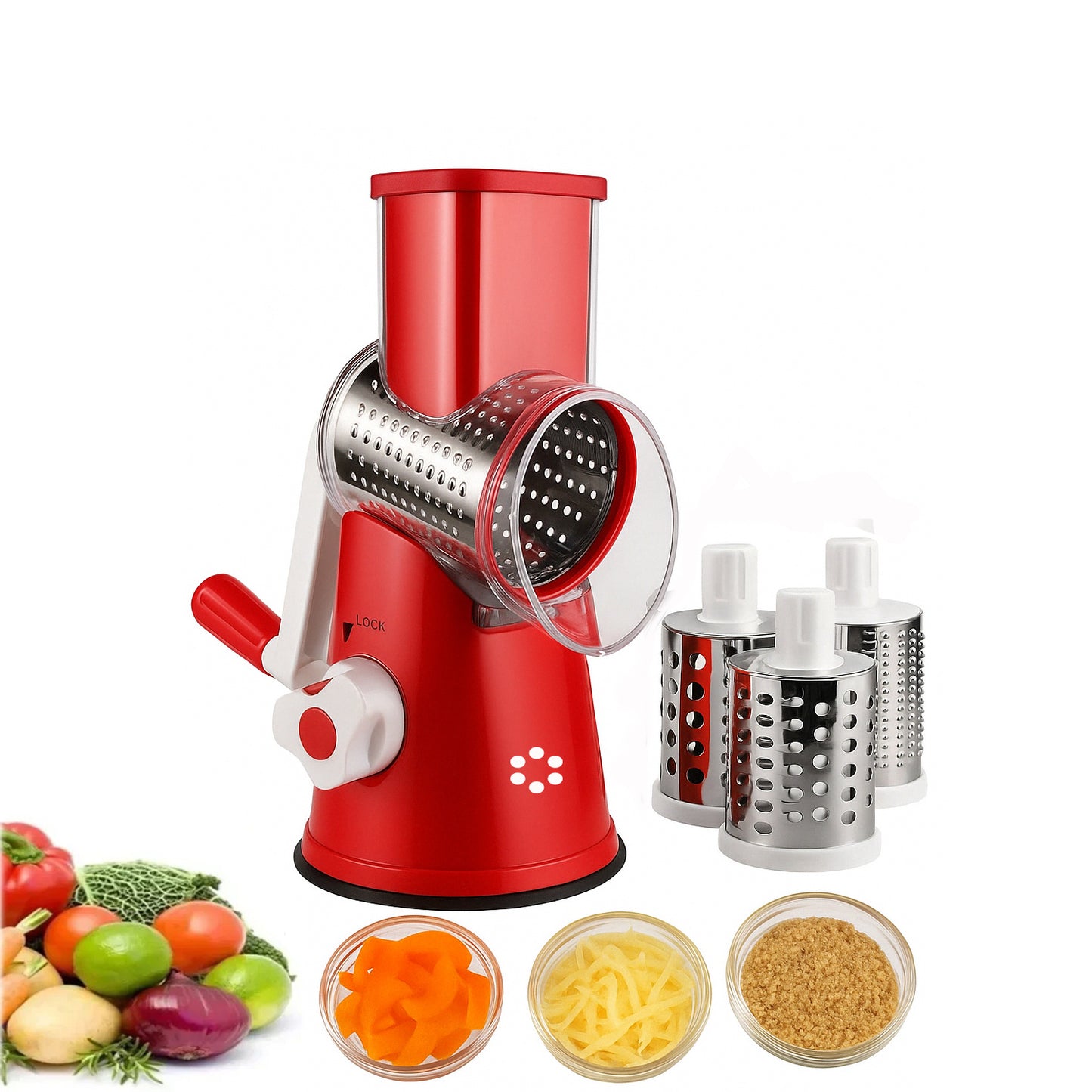 Premium Rotary Cheese Grater, Manual Cheese Grater with Handle, Handheld Vegetables Slicer Cheese Shredder with Rubber Suction Base, 3 Stainless Drum Blades Included, Easy to Use and Clean