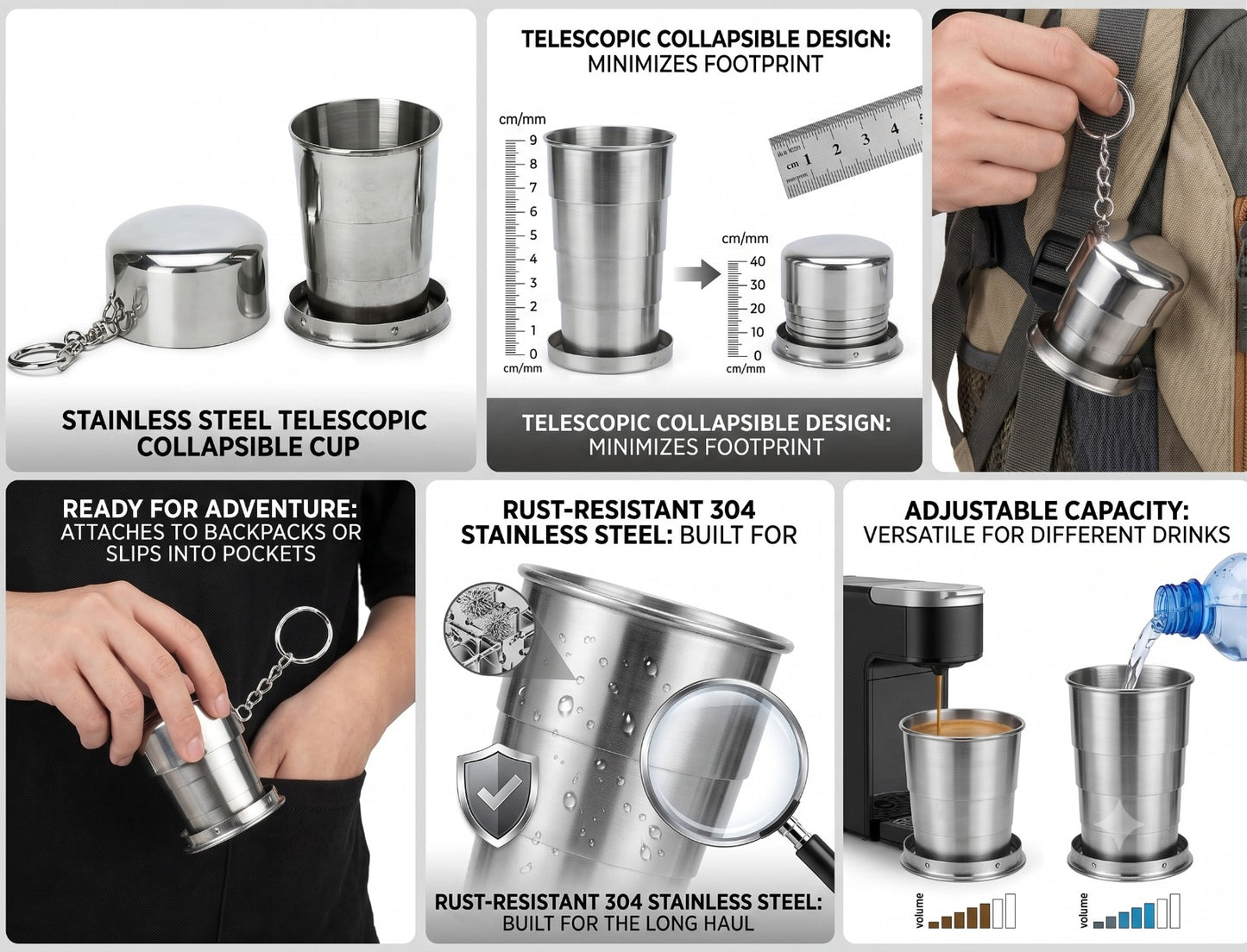 Collapsing Cup, Stainless Steel Folding Cup, for Travel, Portable Retractable Telescopic Collapsible