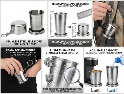 Collapsing Cup, Stainless Steel Folding Cup, for Travel, Portable Retractable Telescopic Collapsible