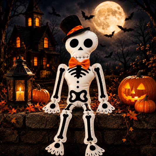 Halloween Skeleton Plush Decoration – 34.65" Sitting Fabric Skeleton with Top Hat & Orange Bow Tie, Poseable Sit-Down Skeleton Decor for Shelf, Mantel & Fireplace