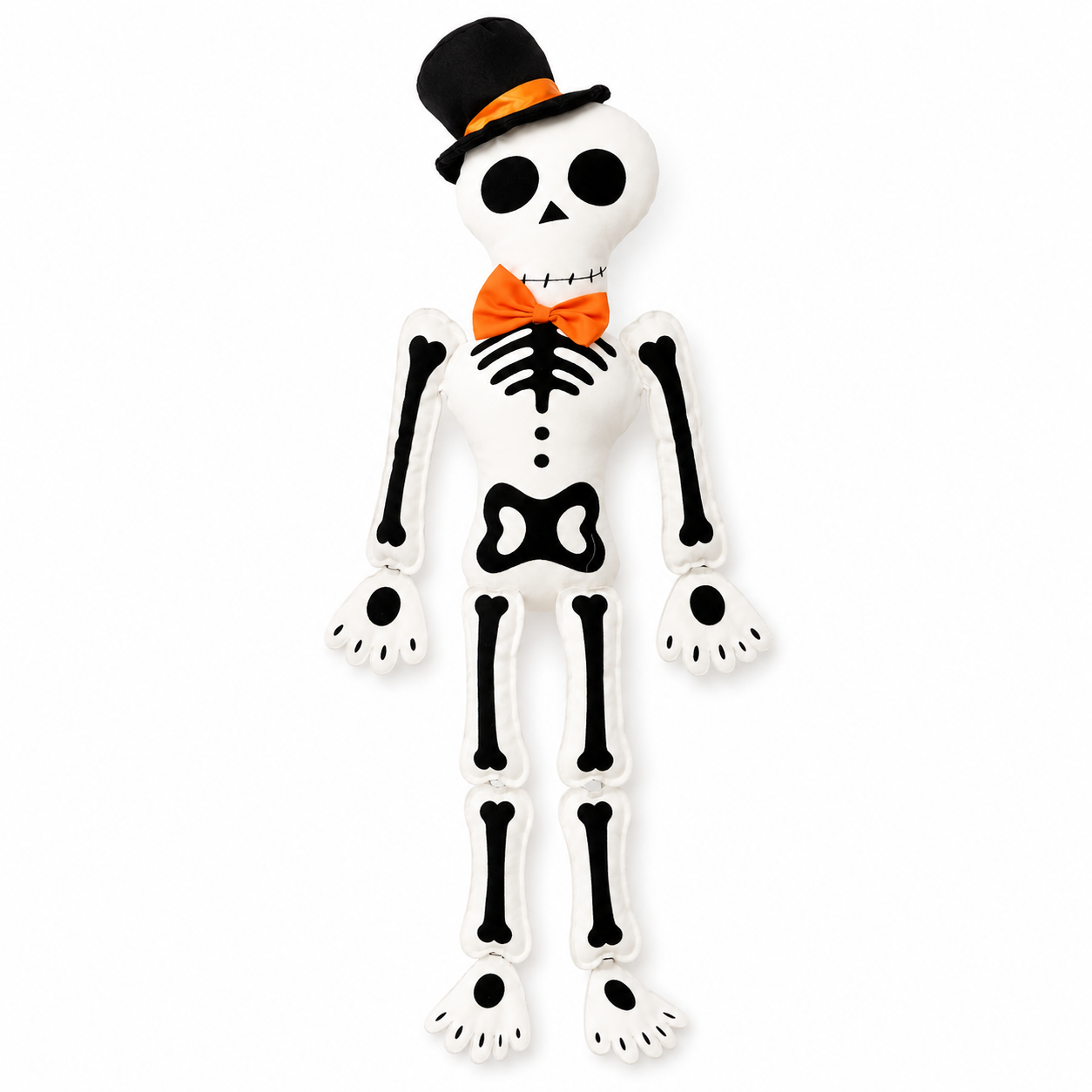 Halloween Skeleton Plush Decoration – 34.65" Sitting Fabric Skeleton with Top Hat & Orange Bow Tie, Poseable Sit-Down Skeleton Decor for Shelf, Mantel & Fireplace