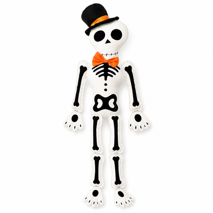 Halloween Skeleton Plush Decoration – 34.65" Sitting Fabric Skeleton with Top Hat & Orange Bow Tie, Poseable Sit-Down Skeleton Decor for Shelf, Mantel & Fireplace