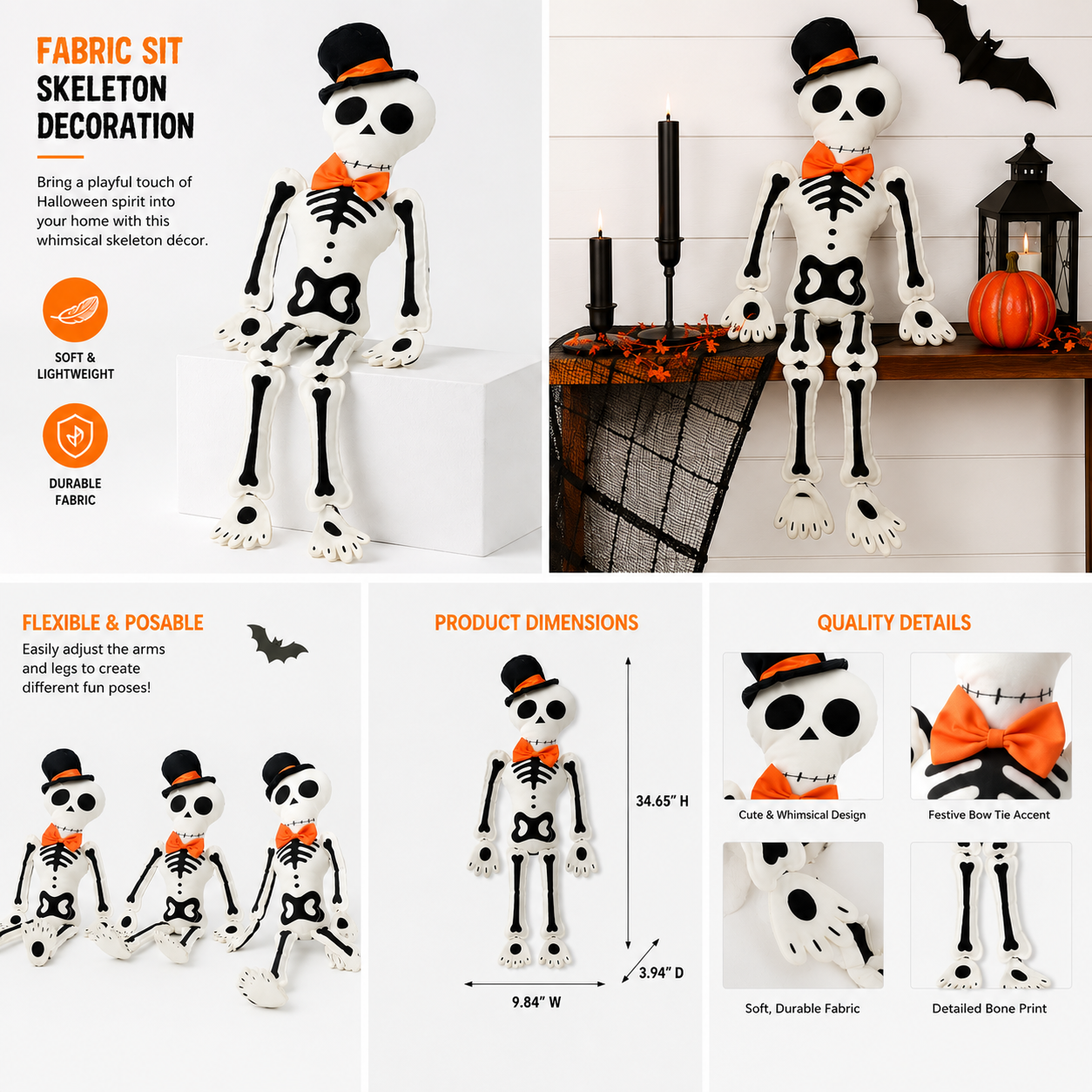Halloween Skeleton Plush Decoration – 34.65" Sitting Fabric Skeleton with Top Hat & Orange Bow Tie, Poseable Sit-Down Skeleton Decor for Shelf, Mantel & Fireplace