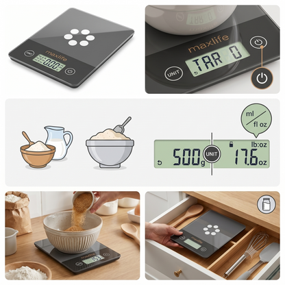 Max Life Digital Scale -Tempered Glass, High Accuracy, Tare, Multi-Unit Measurement Kitchen  Scale