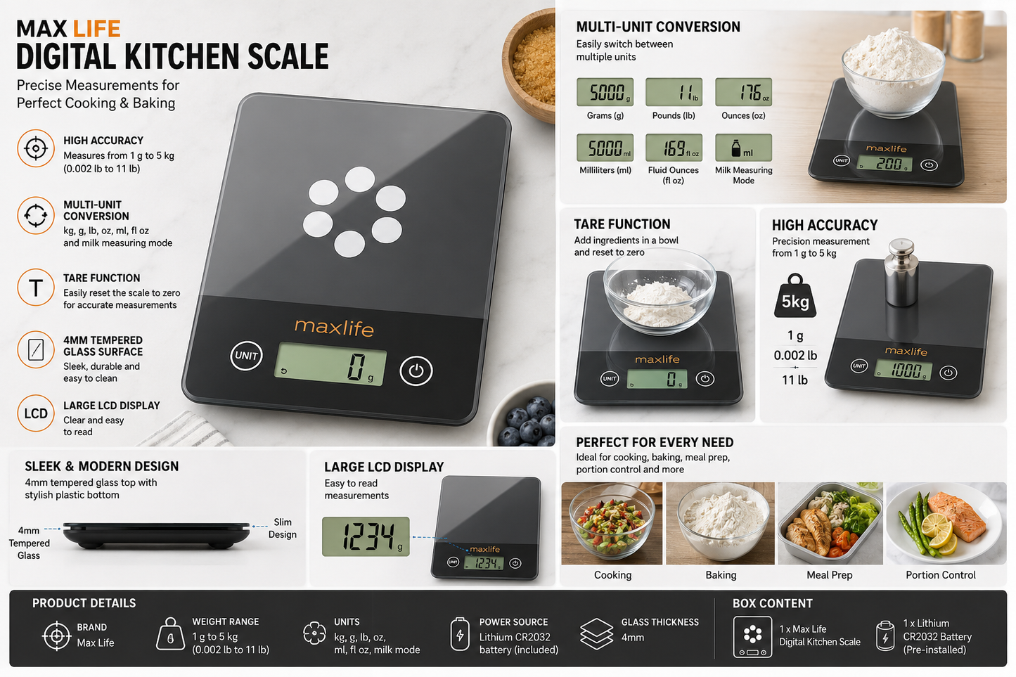 Max Life Digital Scale -Tempered Glass, High Accuracy, Tare, Multi-Unit Measurement Kitchen  Scale