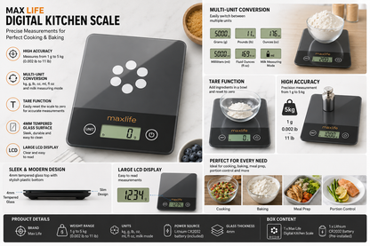 Max Life Digital Scale -Tempered Glass, High Accuracy, Tare, Multi-Unit Measurement Kitchen  Scale