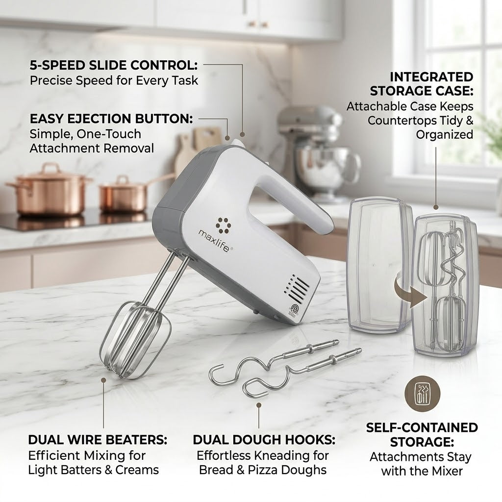 Max Life Electric Hand Mixer, 5 Speed, White, With Snap-On Storage Case