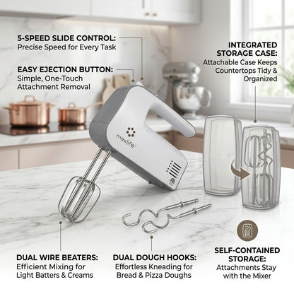 Max Life Electric Hand Mixer, 5 Speed, White, With Snap-On Storage Case