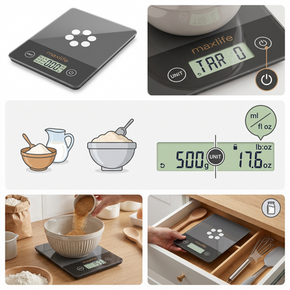Max Life Digital Scale -Tempered Glass, High Accuracy, Tare, Multi-Unit Measurement Kitchen  Scale