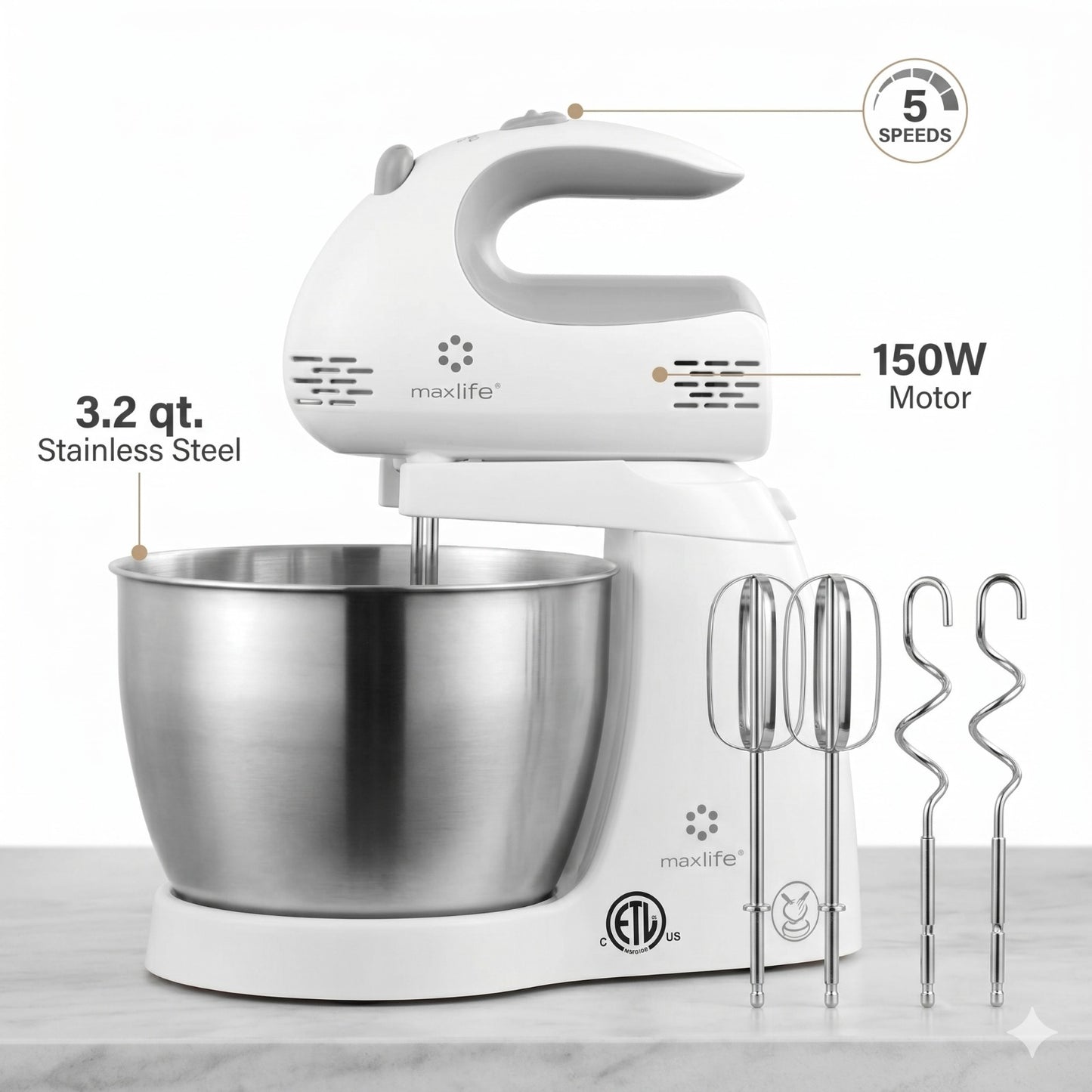 Max Life 3.2 Quarts Stand Mixer - 5-Speed Electric Powerful Stand Mixer, White, with Stainless Steel Bowl, Dough Hooks, Beaters,
