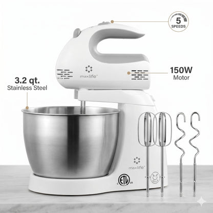 Max Life 3.2 Quarts Stand Mixer - 5-Speed Electric Powerful Stand Mixer, White, with Stainless Steel Bowl, Dough Hooks, Beaters,