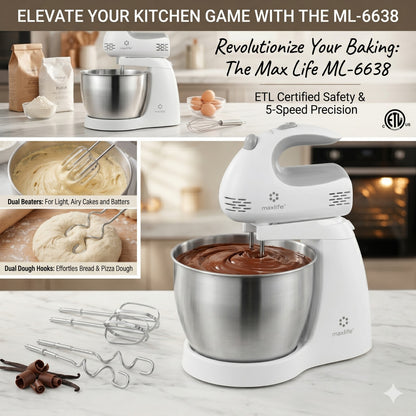 Max Life 3.2 Quarts Stand Mixer - 5-Speed Electric Powerful Stand Mixer, White, with Stainless Steel Bowl, Dough Hooks, Beaters,