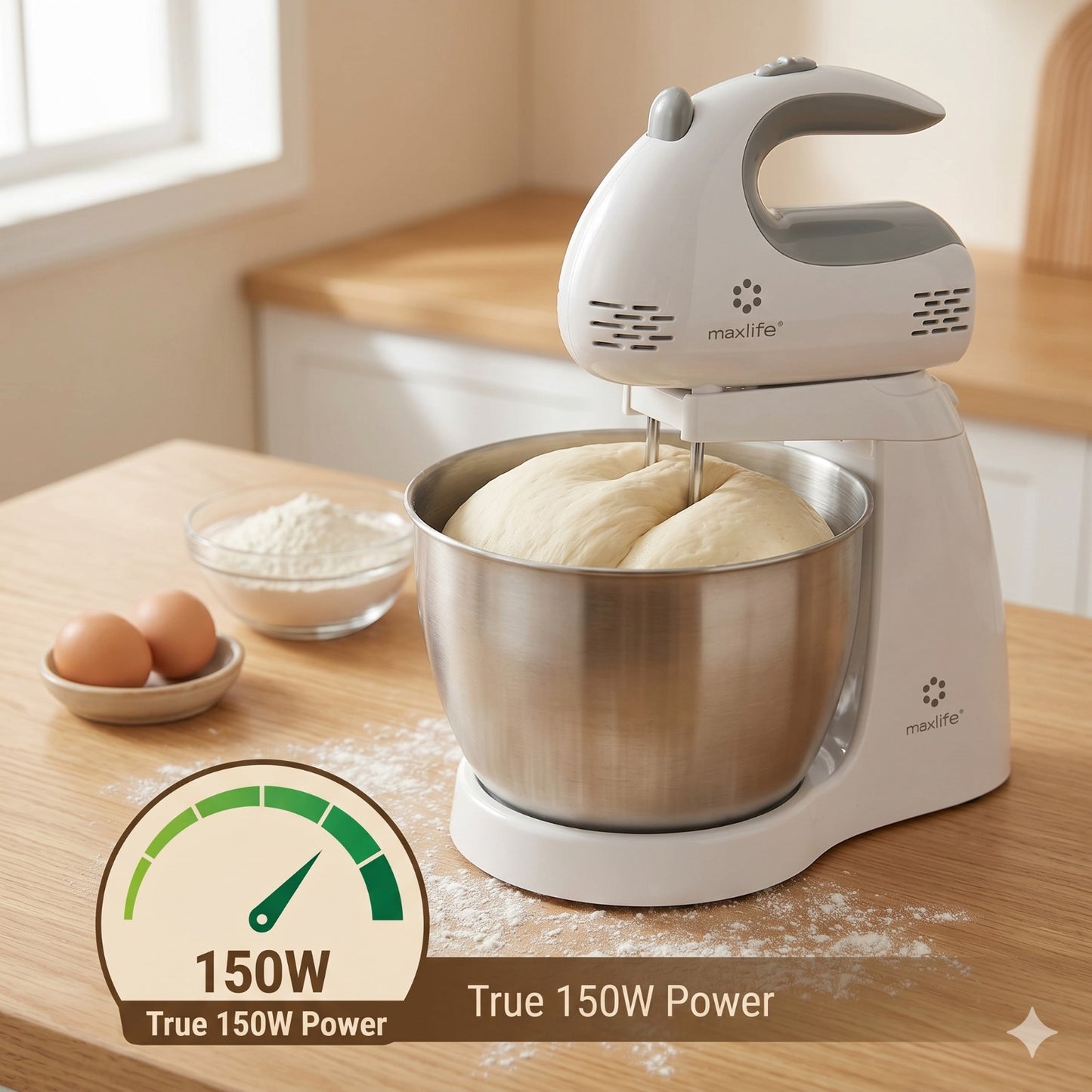 Max Life 3.2 Quarts Stand Mixer - 5-Speed Electric Powerful Stand Mixer, White, with Stainless Steel Bowl, Dough Hooks, Beaters,